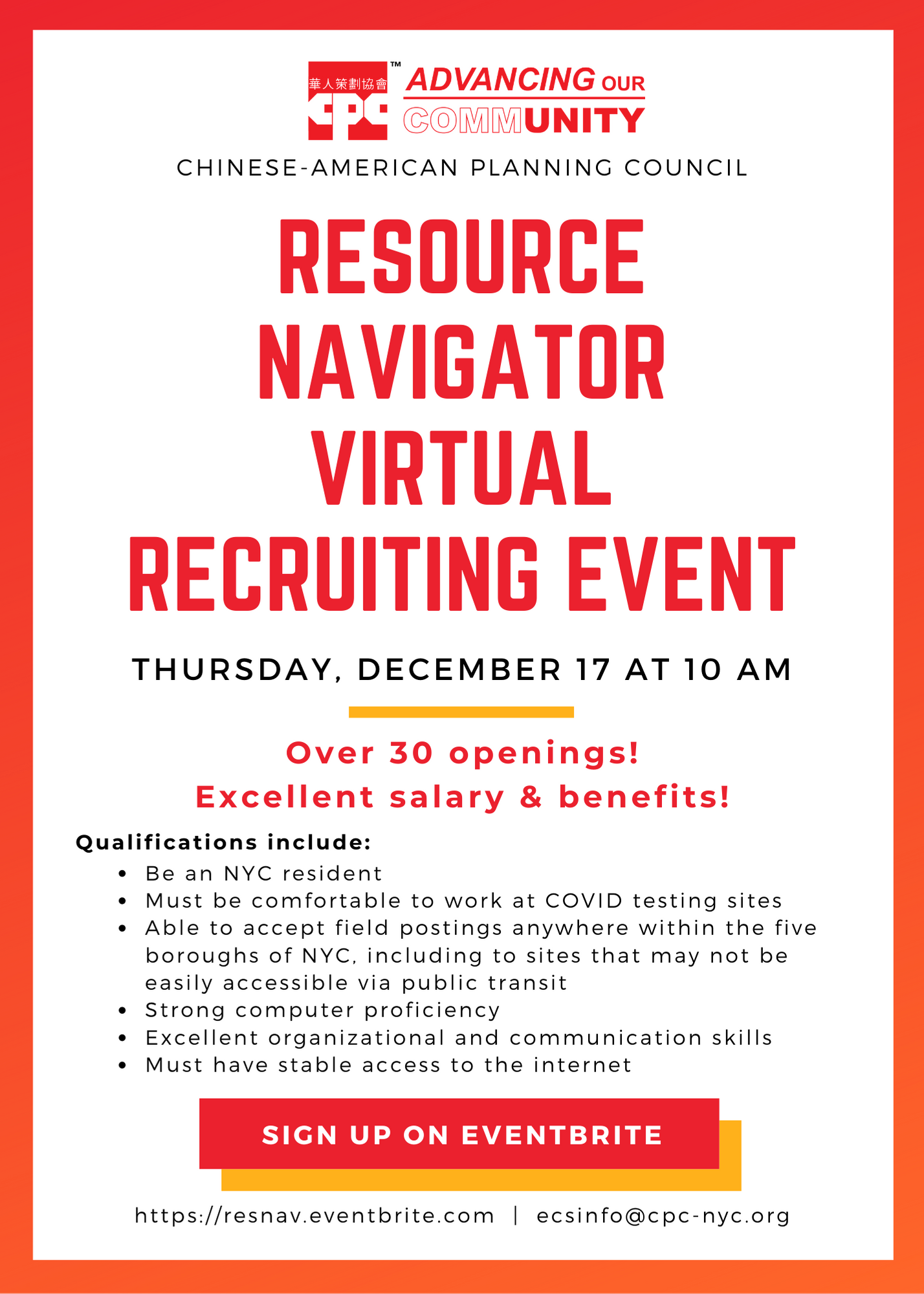 Resource Navigator Virtual Recruiting Event Thursday, December 17th at 10am