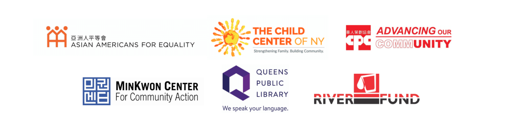 logo of collaborative partners including CPC, Queens Library, Child Center of NY, Asian Americans for Equality, and MinKwon